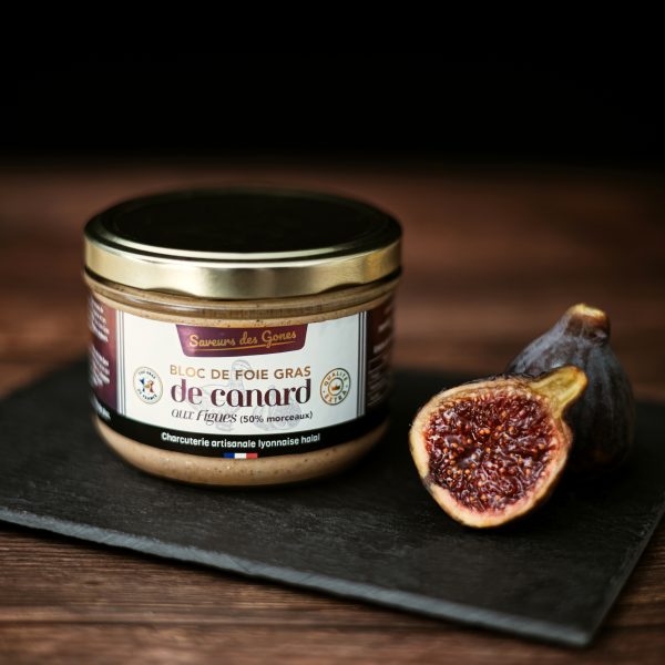 Image du bloc de Foie Gras entier de Canard aux figues confectionné de façon artisanale chez Saveurs Des Gones