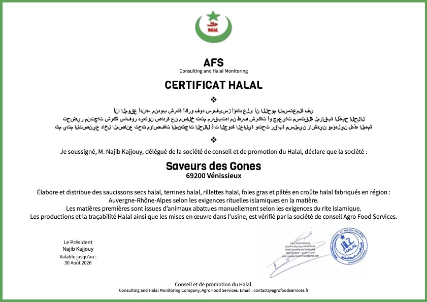 Certificat Halal France Saveurs des Gones