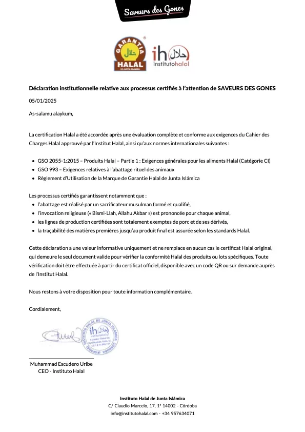 Certificat halal Espagnol Saveurs des Gones